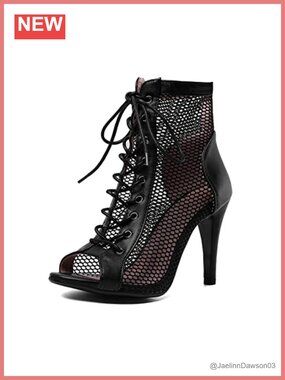 Women's Lace Up Open Toe Dance Heels Stiletto Boots Faux Leather